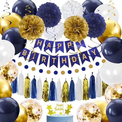 YGYXMY Birthday Decorations for Men, Navy Blue Gold White Happy Birthday Party Decorations Set - Banner, Balloons, Tissue Pompoms, Swirls, Tassels Garland - Image 1