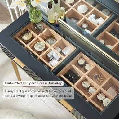 T4TREAM Fluted Makeup Vanity Desk with 36" HD Lighted Mirror, 48" Big Modern Vanity Desk with Mirror and Lights, Dressing Table with 5 Drawers & Shelves, Glass Top for Bedroom, Dark Grey - Image 3