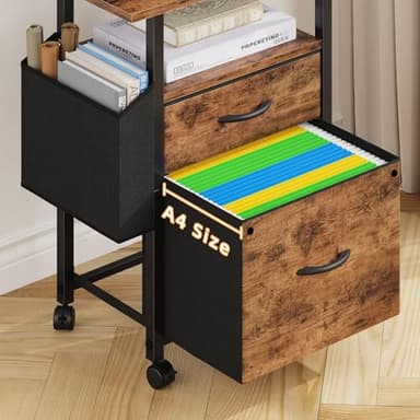 GYIIYUO 2 Drawer File Cabinet with 24'' Extended Desktop, Mobile Filing Cabinet, Rolling File Cabinet with Side Bag, Fabric Drawer, Fits A4/Letter Size, Printer Stand Home Office, Light Brown - Image 6