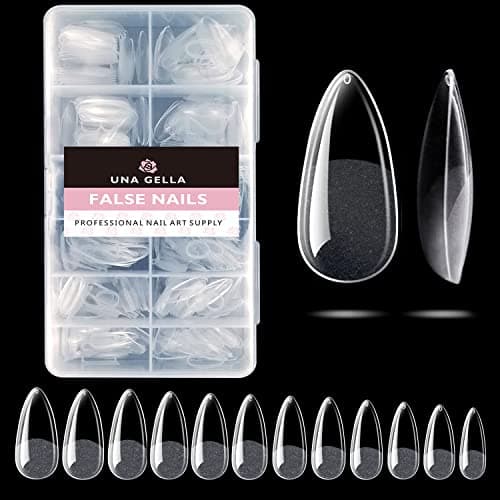 UNA GELLA Almond Gel Nail Tips, 504PCS Pre Etched Clear Fake Nails Tips Medium Almond Shape - 12 Sizes Full Cover Soft Acrylic Press On Nail Extensions No C Curve Gift for Diy at Home - Image 1