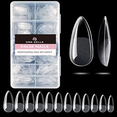 UNA GELLA Almond Gel Nail Tips, 504PCS Pre Etched Clear Fake Nails Tips Medium Almond Shape - 12 Sizes Full Cover Soft Acrylic Press On Nail Extensions No C Curve Gift for Diy at Home - Image 1