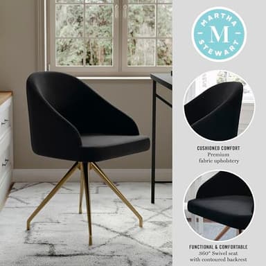 Martha Stewart Sora Stationary Swivel Task Chair with Sloped Arms for Home Office in Black Velvet with Polished Brass Frame - Image 4