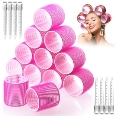 Jumbo Hair Curlers Rollers, 12Pcs 60mm Jumbo Hair Roller Curlers Self Grip Holding Rollers with 12Pcs Hair Clips for Long Straight Thick Hair (Rose Red) - Image 1