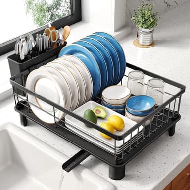 Dish Drying Rack - Small Dish Rack for Kitchen Counter, Stainless Steel Dish Drainer with Utensil Holder and Drainboard (Black) - Image 1