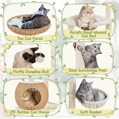 Yaheetech 54in Rattan Cat Tree, Modern Tower with Breathable Woven Condo, Scratching Posts & Washable Cushions, Naturally Cool in Summer, Cute Furniture for Indoor Cats - Image 4