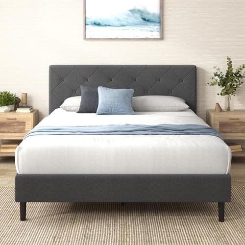 ZINUS King Shalini Upholstered Platform Bed Frame with Headboard [New WonderBox(TM) Version], Wooden Slat Support, No Box Spring Needed, Easy Assembly, Eco Friendly Packaging, Dark Grey - Image 1