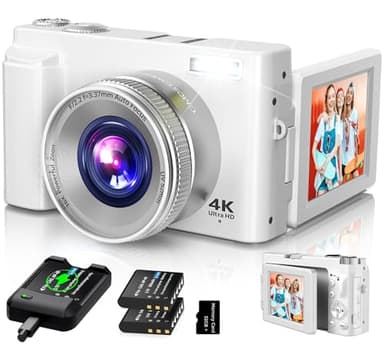 4K Digital Camera for Photography Autofocus, 2024 Latest 48MP Vlogging Camera for YouTube with SD Card, 2 Batteries, 3" 180°Flip Screen Compact Travel Camera for Teens with 16X Zoom (Off White) - Image 1