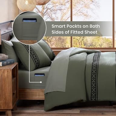 MAIREVE Olive Green Embroidery Comforters Set Queen Size - 7 Pieces, Farmhouse Western Bedding All Season Bed in A Bag Queen, Boho Comforter Set with Sheets, Pillowcases & Shams - Image 7