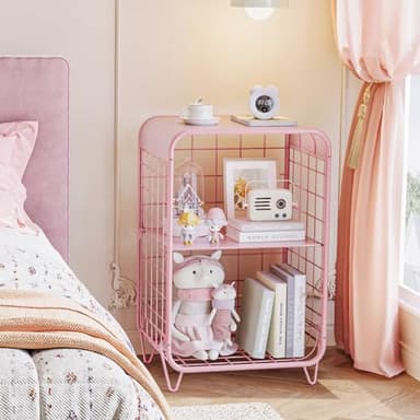 APEXCHASER Cute Kids Pink Nightstand,Metal Side Table,3 Tier End Table with Storage,Vintage Bedside Table,Girls Bedroom Furniture for Living Room,Bedroom,Dorm - Image 2