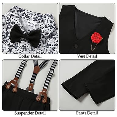 WESIDOM Toddler Dresses Suit Baby Boy Clothes Set Bowtie Shirts+Pants+Vest+Boutonniere Kids Gentleman Wedding Outfit(Black+4-5T) - Image 2