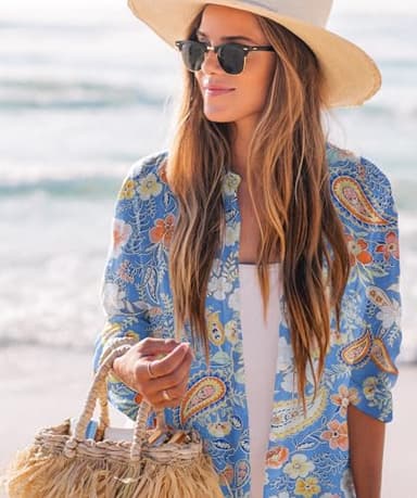 Zoye Chen Women’s Bikini Swimsuit Cover Up Button Down V Neck Shirts Long Sleeve Blouse Beachwear Bathing Suit (Blue Cashew Flower, X-Large) - Image 4