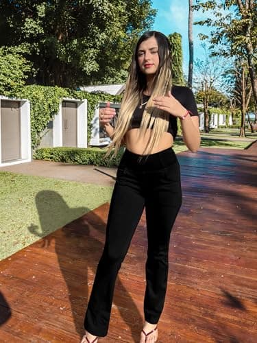 CHANLEED Women's Bootcut Yoga Pants, Flare Leggings with Pockets High Waist Causal Dress Pants Petite/Regular/Tall（Solid Black-L） - Image 4