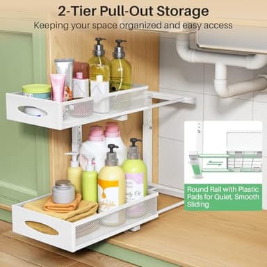 Under Sink Organizer, 2 Tier Pull out Cabinet Organizer Baskets with Mesh Sliding Drawers, Slide out Storage Shelf for Home, Kitchen, Bathroom, Pantry, Office Cabinet(1 Pack, White) - Image 3