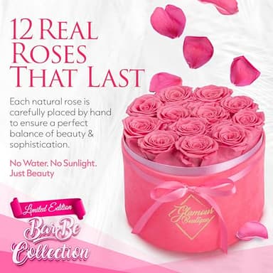 GLAMOUR BOUTIQUE Flower Forever Gift Box 12 Real Preserved Roses in Round Velvet White Box, Handmade, Rose Petals, Birthday, Marriage, Anniversary, Graduation - Velvet Pink - Image 2