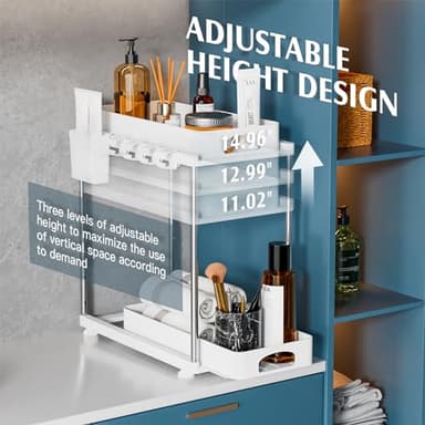 VERIFOST 2 Pack Under Sink Organizers and Storage, Double Sliding Kitchen Cabinet Organizer, 2 Tier Height Adjustable Countertop Organizer for Kitchen Bathroom Laundry, White - Image 4
