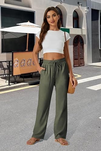 SEMARO Womens Casual Linen High Waist Pants Drawstring Loose Fit Summer Pants Trousers with Side Pockets Army Green - Image 3