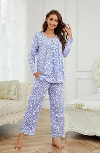 Bestbee Womens Pajama Set Plus Size, 2 Piece Lounge Outfits Pleated Sleepwear Sets Long Sleeve With Pockets Ladies Pjs, XL, Star Grey - Image 7