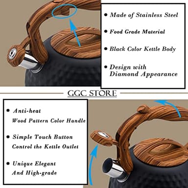 GGC Tea Kettle for Stove Top, Loud Whistling Kettle for Boiling Water Coffee or Milk, 3.1 Quart 3L Heavy Stainless Steel Black Kettle with Wood Pattern Handle, Unique Button Control Kettle Outlet - Image 3