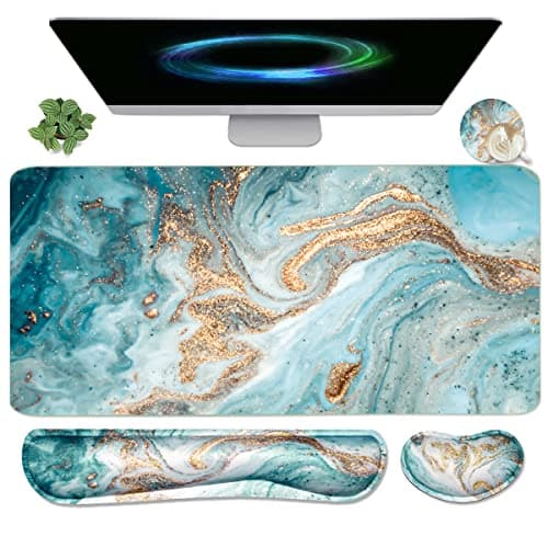 Keyboard Mouse Pad Set, Extended Mouse Pad+Keyboard Wrist Rest Support, Memory Foam Ergonomic Easy Typing, 3Pcs (35.4×15.7 in) Desk Pad Set for Home Office Study Game-Green Marble - Image 1