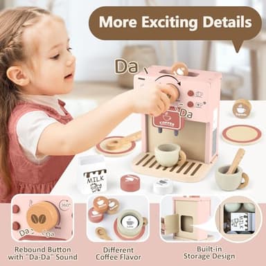 Airlab Kids Coffee Playset Toy Coffee Maker Set for Toddler Wooden Kitchen Accessories Pretend Play for Girls Boys Ages Birthday Gifts Pink - Image 4