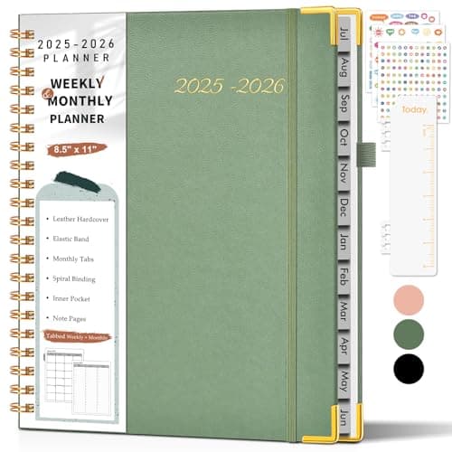 Academic Planner 2025-2026, Weekly and Monthly Calendar Planner from July 2025 - June 2026, 8.5" x 11" Hardcover Leather Hourly Appointment Book with Tabs, Spiral Daily Planners for College School Teacher Student, Green - Image 1