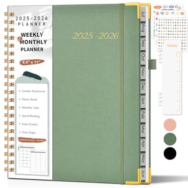 Academic Planner 2025-2026, Weekly and Monthly Calendar Planner from July 2025 - June 2026, 8.5" x 11" Hardcover Leather Hourly Appointment Book with Tabs, Spiral Daily Planners for College School Teacher Student, Green - Image 1