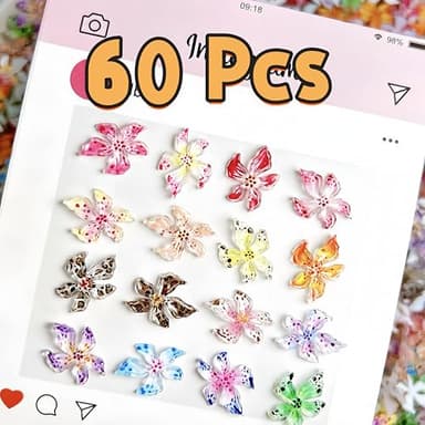 SHUXILIN 60PCS Flower Nail Art Charms 3D Hawaii Flowers Nail Rhinestones Hibiscus Floral Nail Gems Colorful Flower Nail Diamonds Summer Nail Jewelry Tiny Flowers Nail Design for Women Nail Supplies - Image 4