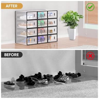BALEINE 12 Pack Stackable Shoe Storage Boxes Fit Size 9, Thickened Clear Shoe Box Bins with Lids, Plastic Foldable Organizer Sneaker Storage Containers (Large, Black) - Image 7
