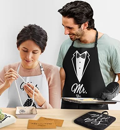 Mr and Mrs Aprons for Couples Gifts - Anniversary, Bridal Shower, Wedding, Engagement gifts for Couples, Christmas Gifts for Couple, His and Her Gifts, 8 Pack Kitchen Cooking Apron Gift Set - Image 6