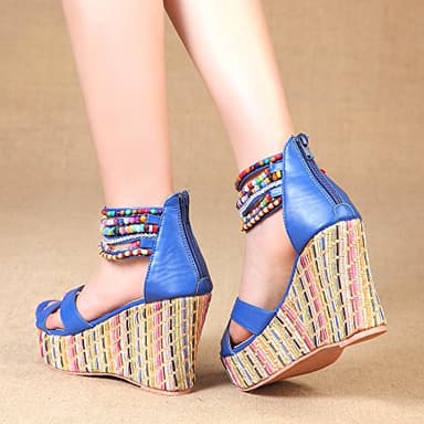 getmorebeauty Women's Navy Blue Weave Wedge With Pearls Across The Top Platform High Heels 10 US - Image 4