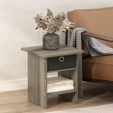 Furinno Dario End Table, Side Table, Storage Shelf with Bin Drawer, Grey Oak/Black - Image 2