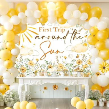 Mocsicka First Trip Around The Sun Backdrop Wildflower First Birthday Backdrop Boys Girls Sun Theme 1st Birthday Party Decoration Photo Booth Props (7x5ft) - Image 2