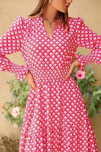 PRETTYGARDEN Women's Floral Maxi Dress 2025 Fall Long Sleeve V Neck Casual A Line Long Flowy Boho Party Dresses (Plaid Pink,Small) - Image 8