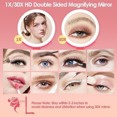 MIYADIVA Magnifying Mirror with Light, Double Sided 30X/1X Lighted Travel Makeup Mirror with Magnification, 3 Color Lighting, Dimmable Touch Screen, Adjustable & Foldable Hand Mirror (Pink) - Image 2