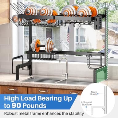 Over The Sink Dish Drying Rack - Adjustable Dish Rack for Kitchen Counter, Metal (Black) - Image 6
