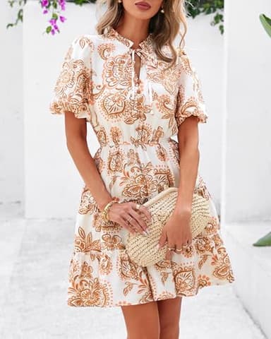 BTFBM Women Summer Floral Short Dresses V Neck Short Sleeve Tiered Ruffle Boho Swing Dress A-Line Mini Dresses(White Apricot Floral,Large) - Image 4