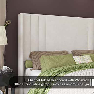 AMERLIFE Queen Size Bed Frame, Velvet Upholstered Platform Bed with Vertical Channel Tufted Headboard & Footboard/Wingback, Mattress Foundation with Wood Slats, No Box Spring Needed, Cream - Image 5