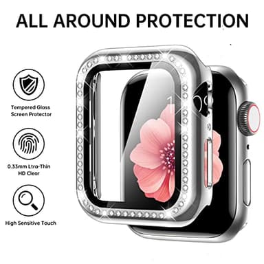 Mesime Compatible with Apple Watch Band 38mm 40mm 41mm 42mm 44mm 45mm , Women Girl Bling Diamond Jewelry Metal Strap Bands with Crystal Tempered Glass Screen Protector Case, Round Shiny Bracelet - Image 3