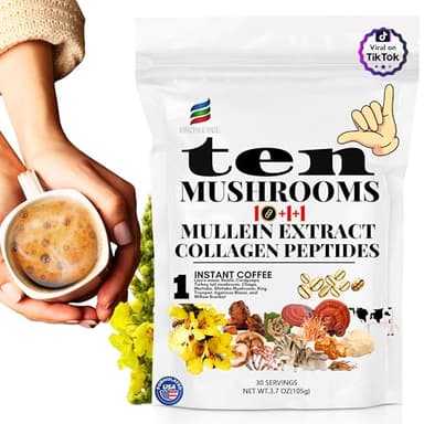 SUNDAFONE Mushroom Coffee with Grass-Fed Collagen, Mullein,Lion's Mane, Reishi and 10 Adaptogenic Mushrooms; Super Instant Cold Brew Protein Iced Coffee Blend; 0g of Sugar, Low Caffeine, 30 Servings - Image 1