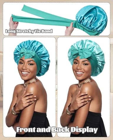 Satin Bonnet Silk Bonnet for Sleeping Silk Sleep Cap Double Layer Hair Bonnet with Elastic Tie Band for Curly Hair Night Cap (Peacock green+Wheat green) - Image 2