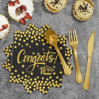 Ecomore 2025 Graduation Party Supplies, 350 PCS Congrats Grad Disposable Dinnerware Set (Severs 50) Paper Plates Cups Napkins Plastic Fork Knives Spoons for College 2025 Graduation Party - Black Gold - Image 5