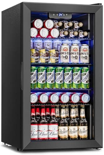 Feelfunn Beverage Refrigerator and Cooler - 126 Can Mini Fridge Glass Door for Soda Beer Wine - Freestanding Beverage Fridge for Bedroom Office Bar, 4 Adjustable Shelves, 3.2 Cu.Ft, Black - Image 1