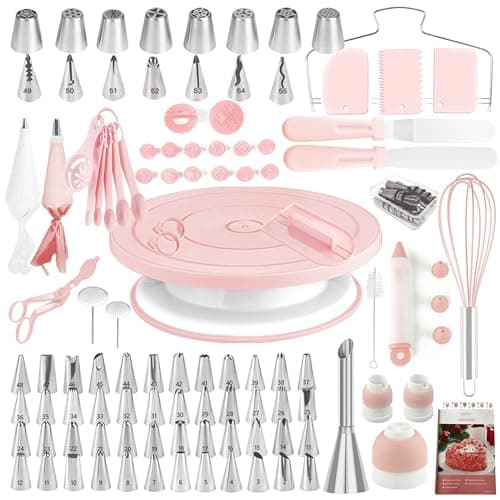 Cake Decorating Kit,137pcs Cake Decorating Supplies with Cake Turntable for Decorating,Pastry Piping Bag,Russian Piping Tips Baking Tools, Cake Baking Supplies for Beginners(Light Pink) - Image 1