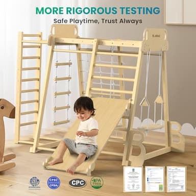 Upgraded Indoor Jungle Gym 9-in-1 Playground Kids Climbing Toys, Montessori Philosophy Waldorf Style Wooden Climber Playset with Slide, Swing, Monkey Bars, Upright/Rope Ladder, Climb Net, Natural Wood - Image 7