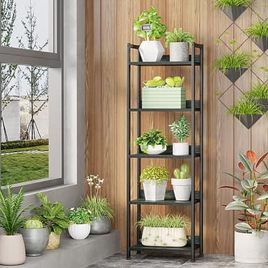 Furologee 5 Tier Bookshelf with Drawer, Kitchen Bakers Rack with Storage, Tall Narrow Bookcase, Industrial Free Standing Display Shelf, Wood and Metal Book Shelf for Bedroom, Living Room, Black - Image 8