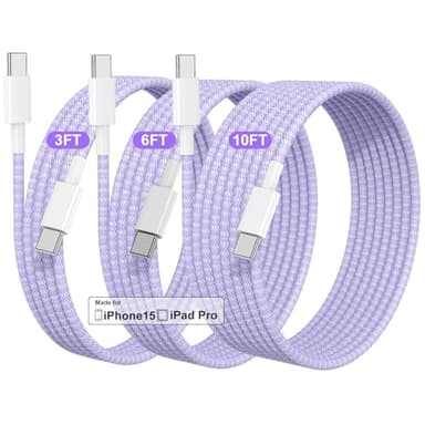 USB C to USB C Cable 3/6/10 FT for iPhone 16 15 Pro Max,Long C to C Cable Fast Charging Cord Braided for iPhone 16 15 Pro/16 15 Plus/16e,MacBook,iPad 10/11th 60W-Purple - Image 1
