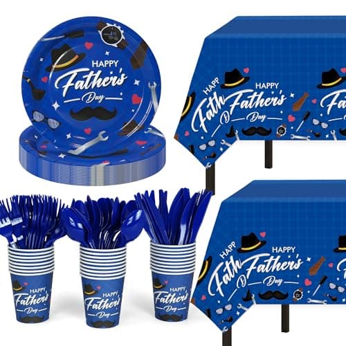 Childom Fathers Day Decorations for Party,132 Pcs Disposable Fathers Day Plates Tablecloth Cups Knives Spoons Forks for Party Supplies,Plates Tableware for Dads Birthday,Home,Brunch,Dinner,Serves 26 - Image 1