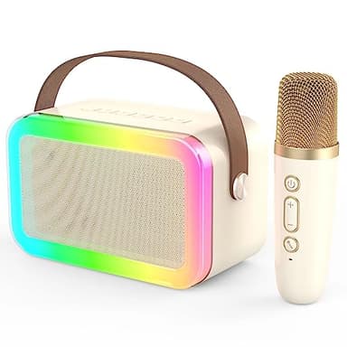 MEGUO Mini Karaoke Machine,Funny Toys Christmas Birthday Gifts for Kids Age 4-12 Girls,Boys,Adults, Karaoke Microphone Toys for 4,5,6,7,8,9,10,11,12+ Year Old Girls Boys (Beige 1 mic -Rainbow Lights) - Image 7