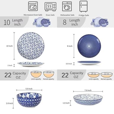Selamica Ceramic Dinnerware Sets for 6, 24 Piece Plates and Bowls Sets, Highly Chip and Crack Resistant Dishes Set-Dishwasher & Microwave & Oven Safe, Vintage Blue - Image 3