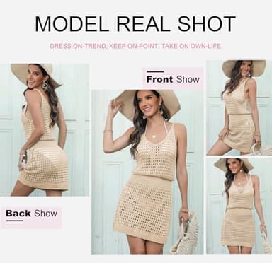 Dokotoo Women's Swimwear Cover Ups 2025 Summer Scoop Neck Sleeveless Bathing Suit Crochet Hollow Out Spaghetti Straps Cruise Resort Wear Outfits Beach Dresses for Women Apricot Small - Image 5